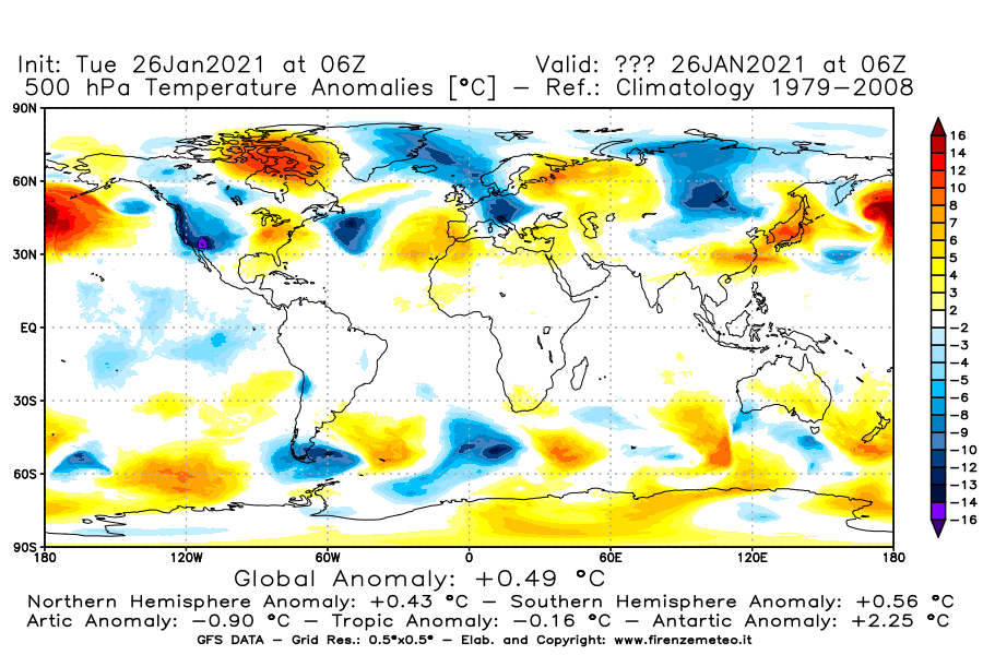 Mappa di analisi GFS - Anomalia Temperatura [°C] a 500 hPa in World
							del 26/01/2021 06 <!--googleoff: index-->UTC<!--googleon: index-->