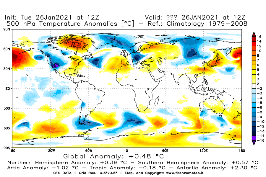 Mappa di analisi GFS - Anomalia Temperatura [°C] a 500 hPa in World
							del 26/01/2021 12 <!--googleoff: index-->UTC<!--googleon: index-->