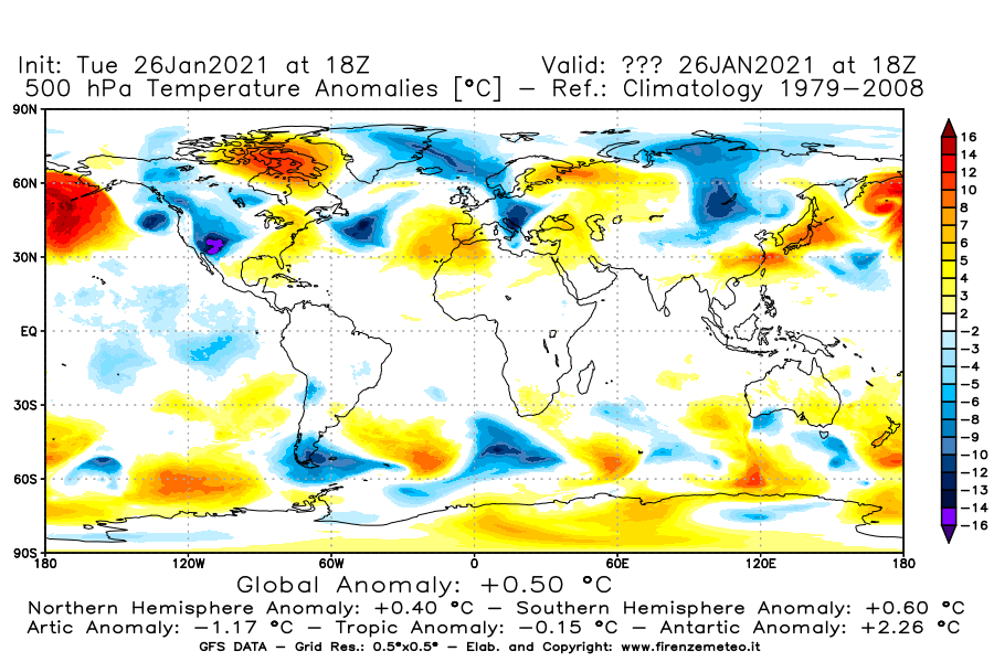 Mappa di analisi GFS - Anomalia Temperatura [°C] a 500 hPa in World
							del 26/01/2021 18 <!--googleoff: index-->UTC<!--googleon: index-->