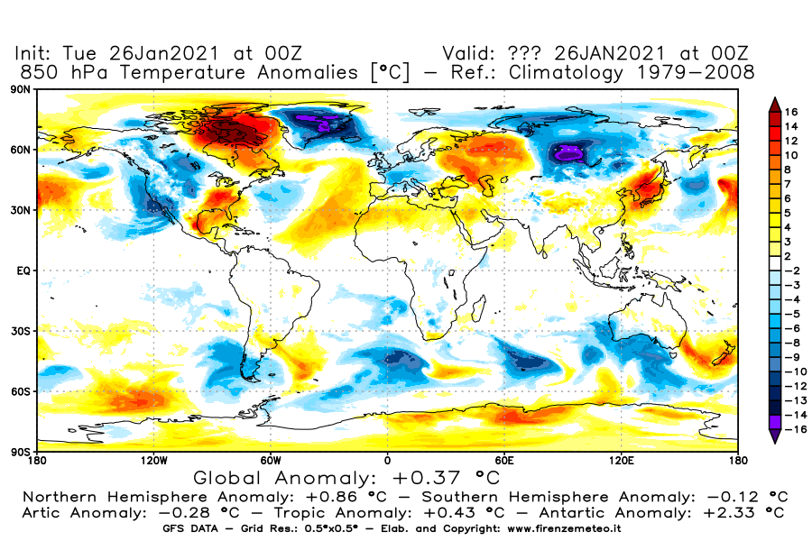 Mappa di analisi GFS - Anomalia Temperatura [°C] a 850 hPa in World
							del 26/01/2021 00 <!--googleoff: index-->UTC<!--googleon: index-->