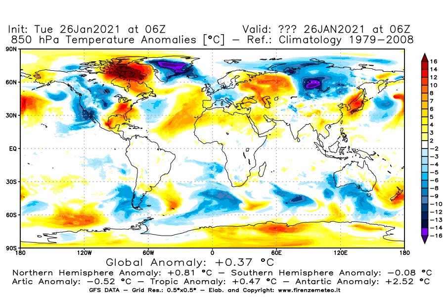 Mappa di analisi GFS - Anomalia Temperatura [°C] a 850 hPa in World
							del 26/01/2021 06 <!--googleoff: index-->UTC<!--googleon: index-->