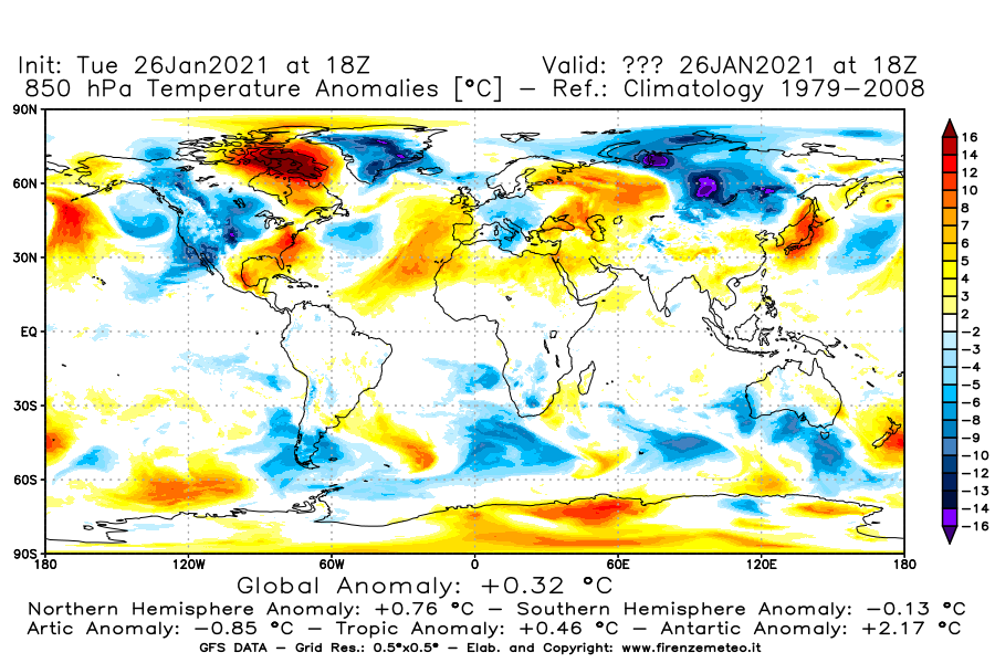 Mappa di analisi GFS - Anomalia Temperatura [°C] a 850 hPa in World
							del 26/01/2021 18 <!--googleoff: index-->UTC<!--googleon: index-->