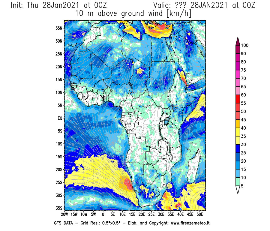 Mappa di analisi GFS - Velocità del vento a 10 metri dal suolo [km/h] in Africa
									del 28/01/2021 00 <!--googleoff: index-->UTC<!--googleon: index-->