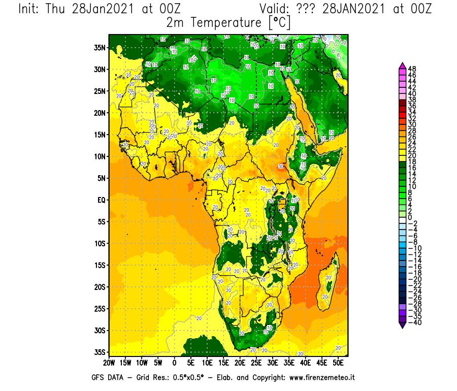 Mappa di analisi GFS - Temperatura a 2 metri dal suolo [°C] in Africa
									del 28/01/2021 00 <!--googleoff: index-->UTC<!--googleon: index-->