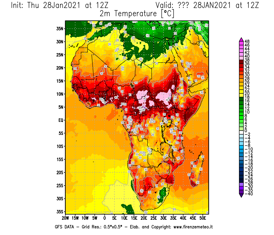 Mappa di analisi GFS - Temperatura a 2 metri dal suolo [°C] in Africa
									del 28/01/2021 12 <!--googleoff: index-->UTC<!--googleon: index-->