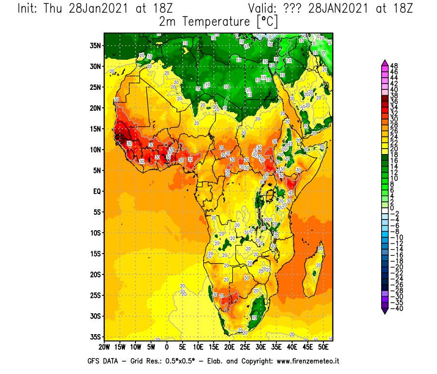 Mappa di analisi GFS - Temperatura a 2 metri dal suolo [°C] in Africa
									del 28/01/2021 18 <!--googleoff: index-->UTC<!--googleon: index-->