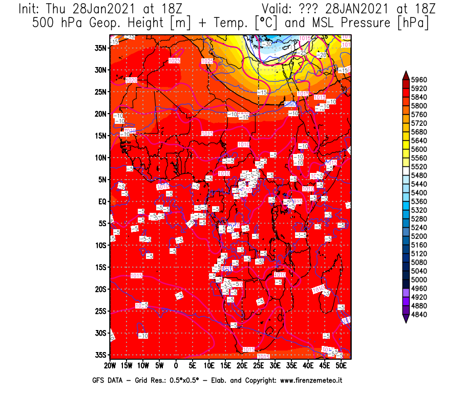 Mappa di analisi GFS - Geopotenziale [m] + Temp. [°C] a 500 hPa + Press. a livello del mare [hPa] in Africa
									del 28/01/2021 18 <!--googleoff: index-->UTC<!--googleon: index-->