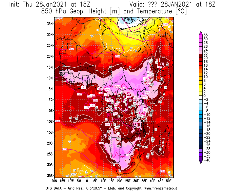 Mappa di analisi GFS - Geopotenziale [m] e Temperatura [°C] a 850 hPa in Africa
									del 28/01/2021 18 <!--googleoff: index-->UTC<!--googleon: index-->