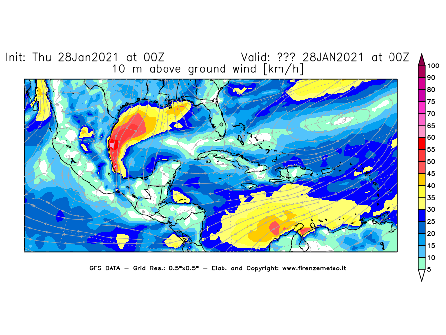 Mappa di analisi GFS - Velocità del vento a 10 metri dal suolo [km/h] in Centro-America
									del 28/01/2021 00 <!--googleoff: index-->UTC<!--googleon: index-->