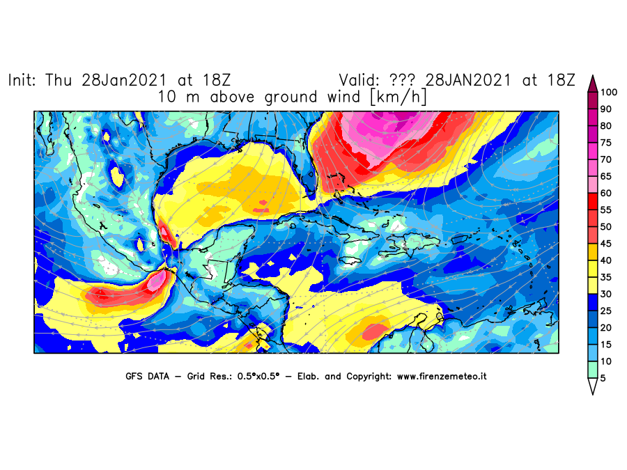 Mappa di analisi GFS - Velocità del vento a 10 metri dal suolo [km/h] in Centro-America
									del 28/01/2021 18 <!--googleoff: index-->UTC<!--googleon: index-->
