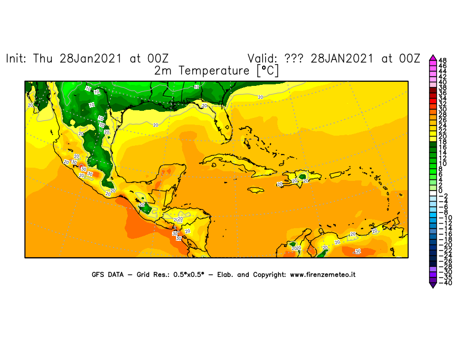 Mappa di analisi GFS - Temperatura a 2 metri dal suolo [°C] in Centro-America
									del 28/01/2021 00 <!--googleoff: index-->UTC<!--googleon: index-->