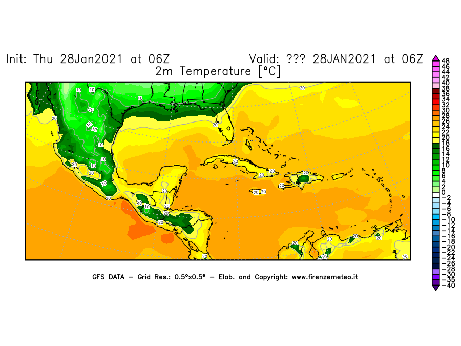 Mappa di analisi GFS - Temperatura a 2 metri dal suolo [°C] in Centro-America
									del 28/01/2021 06 <!--googleoff: index-->UTC<!--googleon: index-->