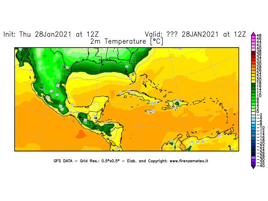 Mappa di analisi GFS - Temperatura a 2 metri dal suolo [°C] in Centro-America
									del 28/01/2021 12 <!--googleoff: index-->UTC<!--googleon: index-->