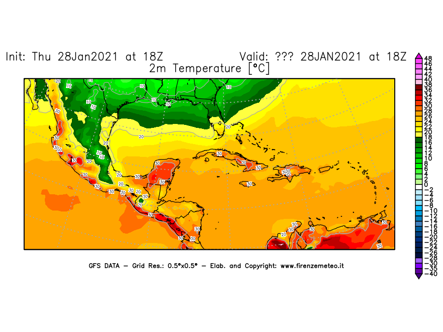 Mappa di analisi GFS - Temperatura a 2 metri dal suolo [°C] in Centro-America
									del 28/01/2021 18 <!--googleoff: index-->UTC<!--googleon: index-->