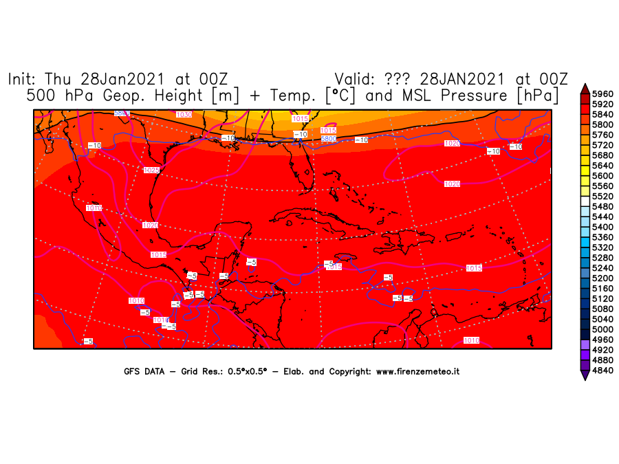 Mappa di analisi GFS - Geopotenziale [m] + Temp. [°C] a 500 hPa + Press. a livello del mare [hPa] in Centro-America
									del 28/01/2021 00 <!--googleoff: index-->UTC<!--googleon: index-->