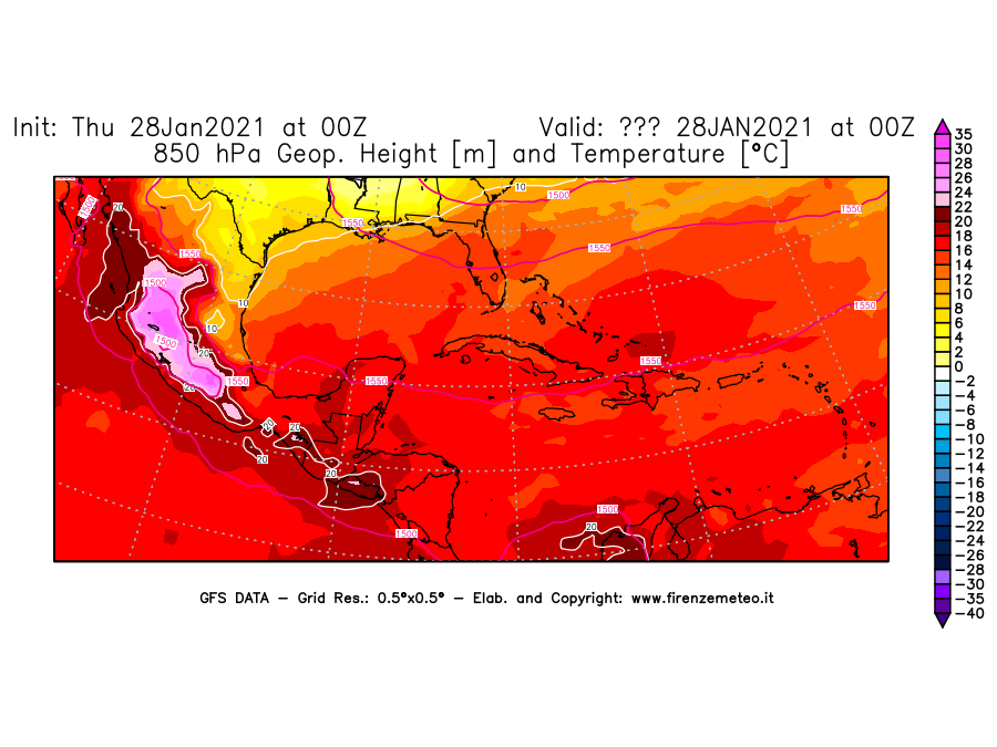 Mappa di analisi GFS - Geopotenziale [m] e Temperatura [°C] a 850 hPa in Centro-America
									del 28/01/2021 00 <!--googleoff: index-->UTC<!--googleon: index-->