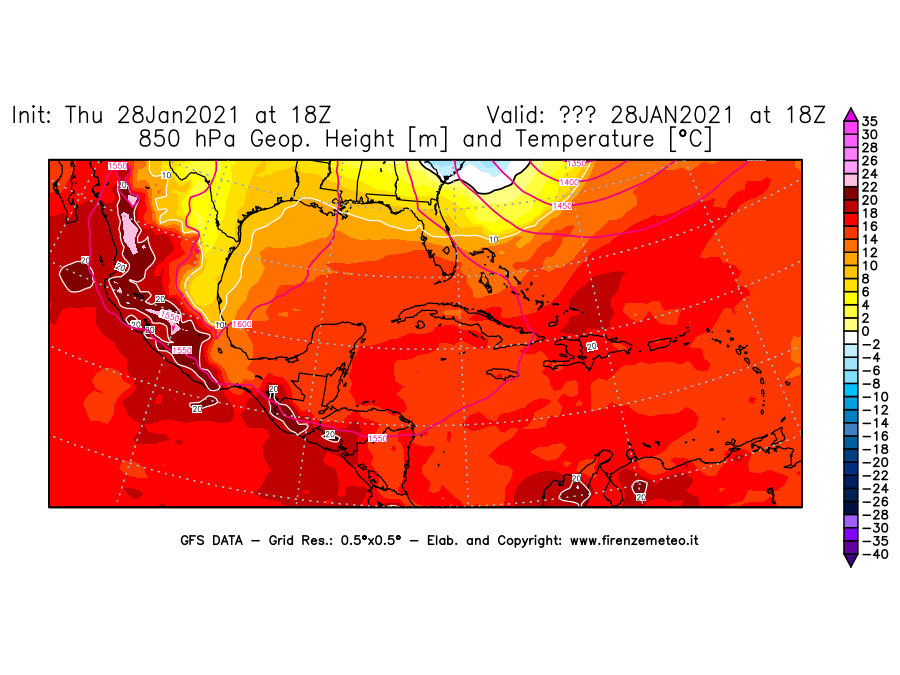 Mappa di analisi GFS - Geopotenziale [m] e Temperatura [°C] a 850 hPa in Centro-America
									del 28/01/2021 18 <!--googleoff: index-->UTC<!--googleon: index-->