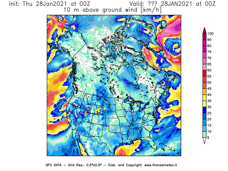 Mappa di analisi GFS - Velocità del vento a 10 metri dal suolo [km/h] in Nord-America
									del 28/01/2021 00 <!--googleoff: index-->UTC<!--googleon: index-->