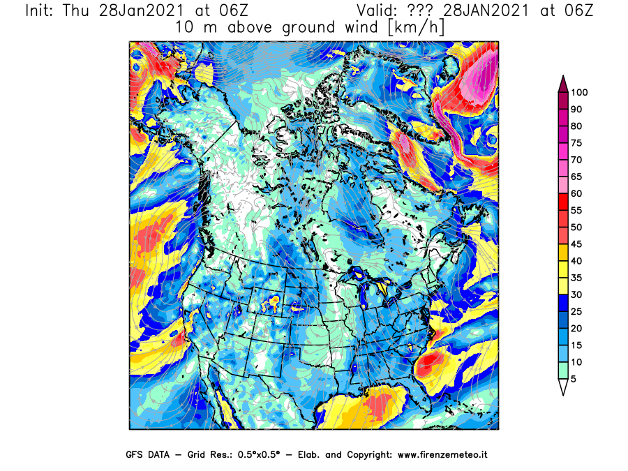 Mappa di analisi GFS - Velocità del vento a 10 metri dal suolo [km/h] in Nord-America
									del 28/01/2021 06 <!--googleoff: index-->UTC<!--googleon: index-->