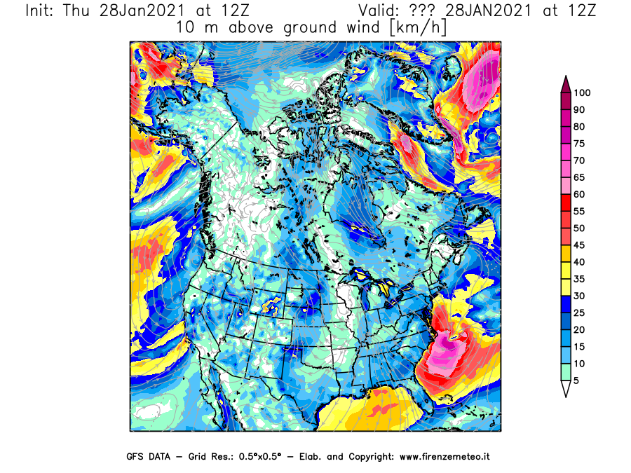 Mappa di analisi GFS - Velocità del vento a 10 metri dal suolo [km/h] in Nord-America
									del 28/01/2021 12 <!--googleoff: index-->UTC<!--googleon: index-->
