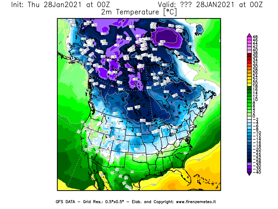 Mappa di analisi GFS - Temperatura a 2 metri dal suolo [°C] in Nord-America
									del 28/01/2021 00 <!--googleoff: index-->UTC<!--googleon: index-->