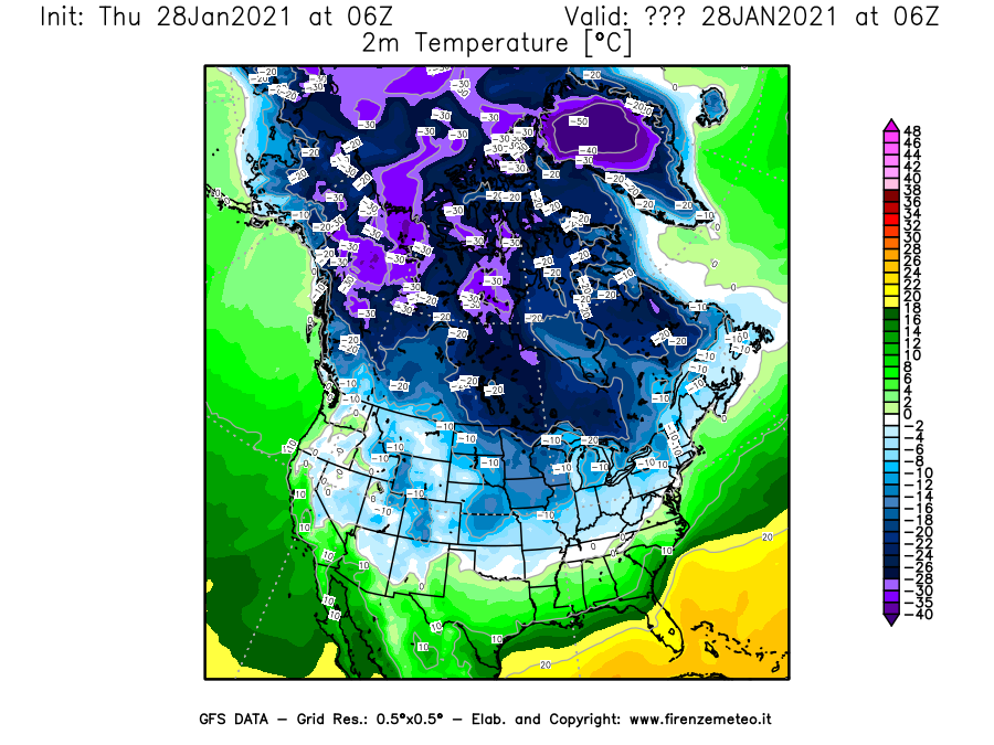 Mappa di analisi GFS - Temperatura a 2 metri dal suolo [°C] in Nord-America
									del 28/01/2021 06 <!--googleoff: index-->UTC<!--googleon: index-->