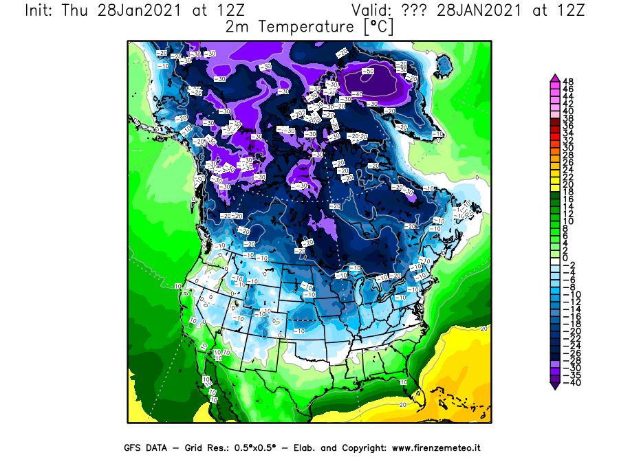 Mappa di analisi GFS - Temperatura a 2 metri dal suolo [°C] in Nord-America
									del 28/01/2021 12 <!--googleoff: index-->UTC<!--googleon: index-->