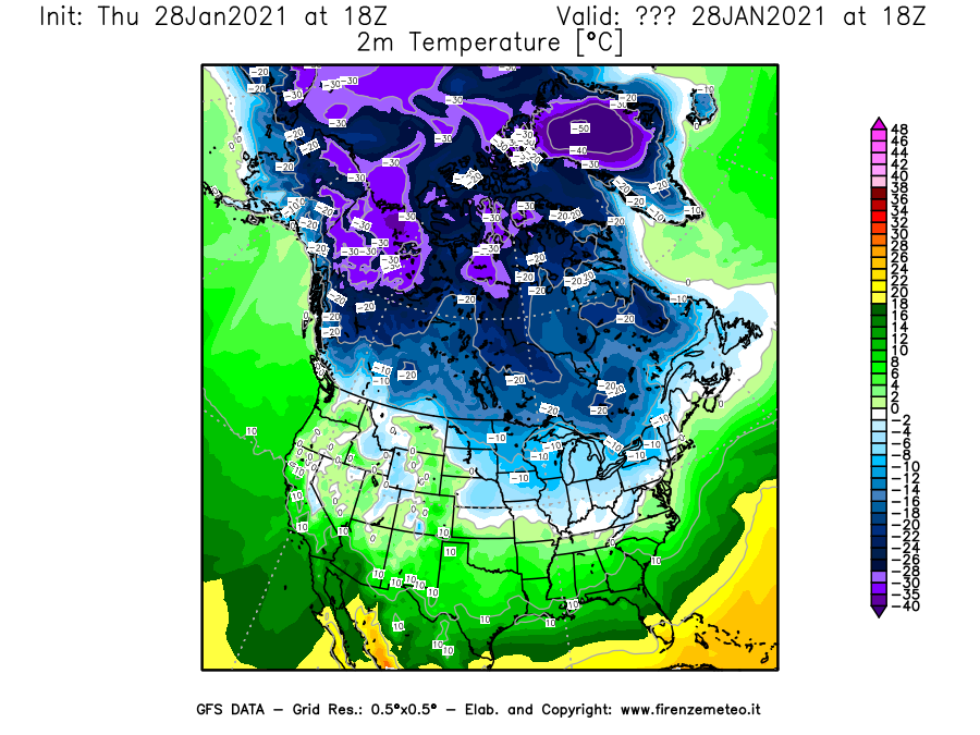 Mappa di analisi GFS - Temperatura a 2 metri dal suolo [°C] in Nord-America
									del 28/01/2021 18 <!--googleoff: index-->UTC<!--googleon: index-->