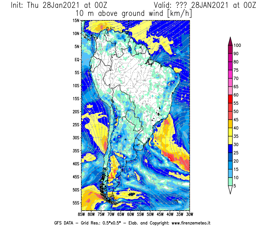Mappa di analisi GFS - Velocità del vento a 10 metri dal suolo [km/h] in Sud-America
									del 28/01/2021 00 <!--googleoff: index-->UTC<!--googleon: index-->