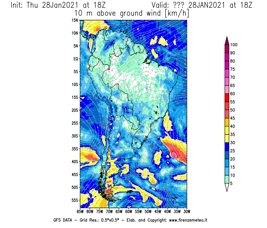 Mappa di analisi GFS - Velocità del vento a 10 metri dal suolo [km/h] in Sud-America
									del 28/01/2021 18 <!--googleoff: index-->UTC<!--googleon: index-->