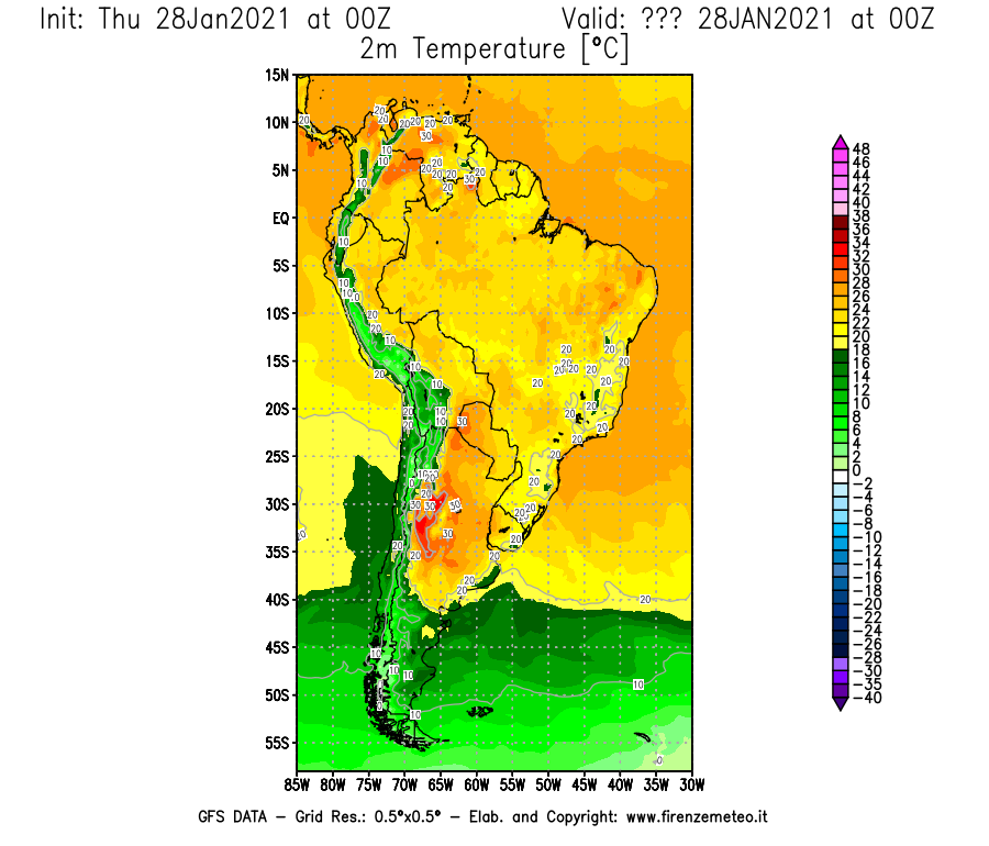 Mappa di analisi GFS - Temperatura a 2 metri dal suolo [°C] in Sud-America
									del 28/01/2021 00 <!--googleoff: index-->UTC<!--googleon: index-->