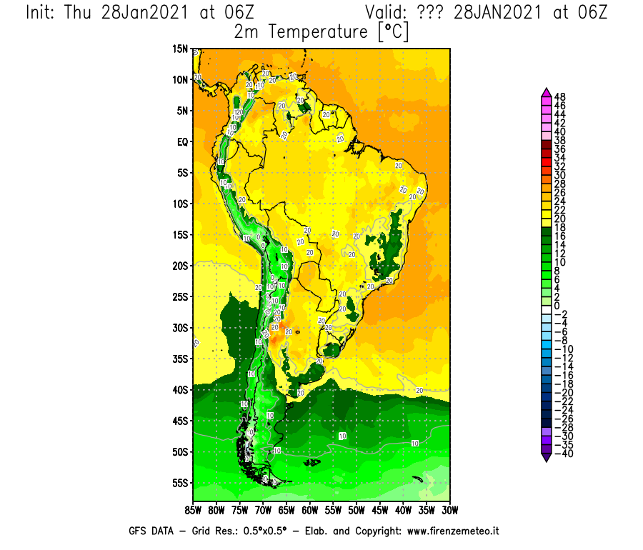 Mappa di analisi GFS - Temperatura a 2 metri dal suolo [°C] in Sud-America
									del 28/01/2021 06 <!--googleoff: index-->UTC<!--googleon: index-->