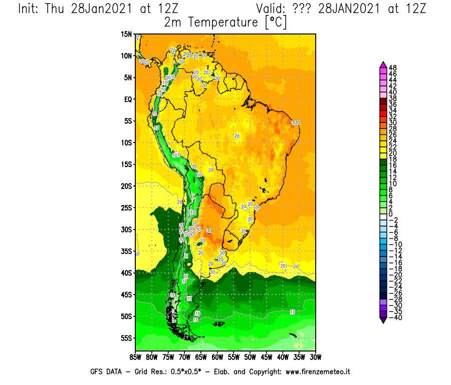 Mappa di analisi GFS - Temperatura a 2 metri dal suolo [°C] in Sud-America
									del 28/01/2021 12 <!--googleoff: index-->UTC<!--googleon: index-->