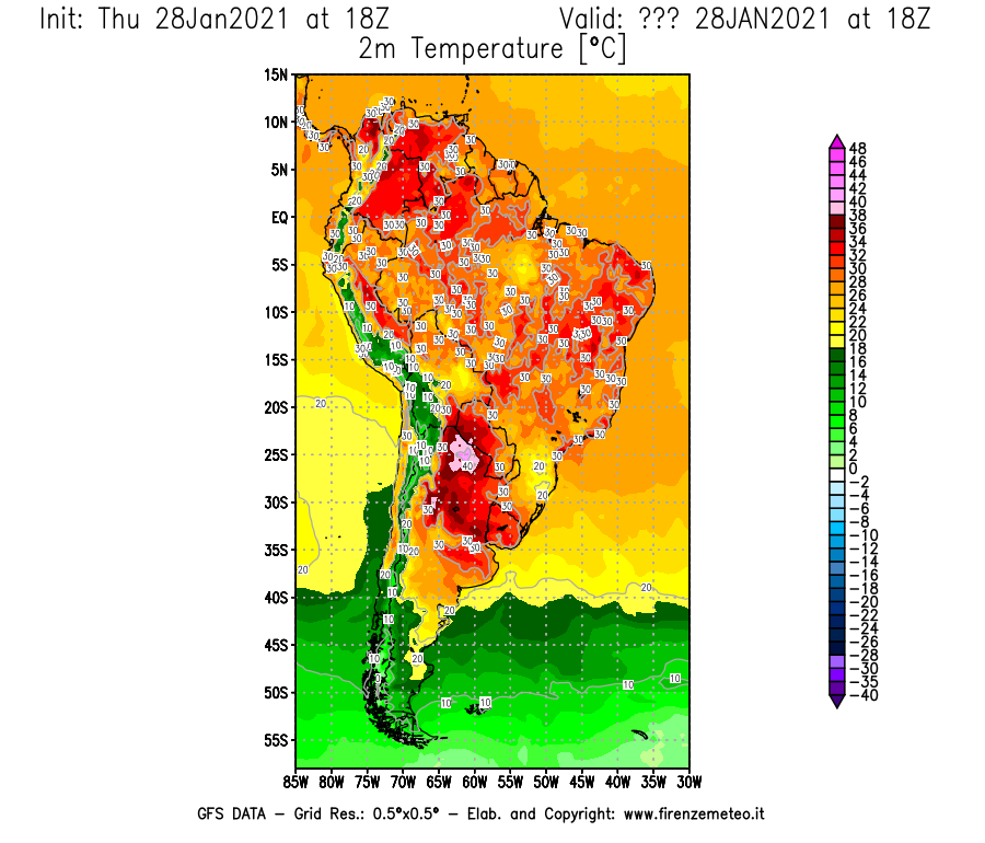 Mappa di analisi GFS - Temperatura a 2 metri dal suolo [°C] in Sud-America
									del 28/01/2021 18 <!--googleoff: index-->UTC<!--googleon: index-->