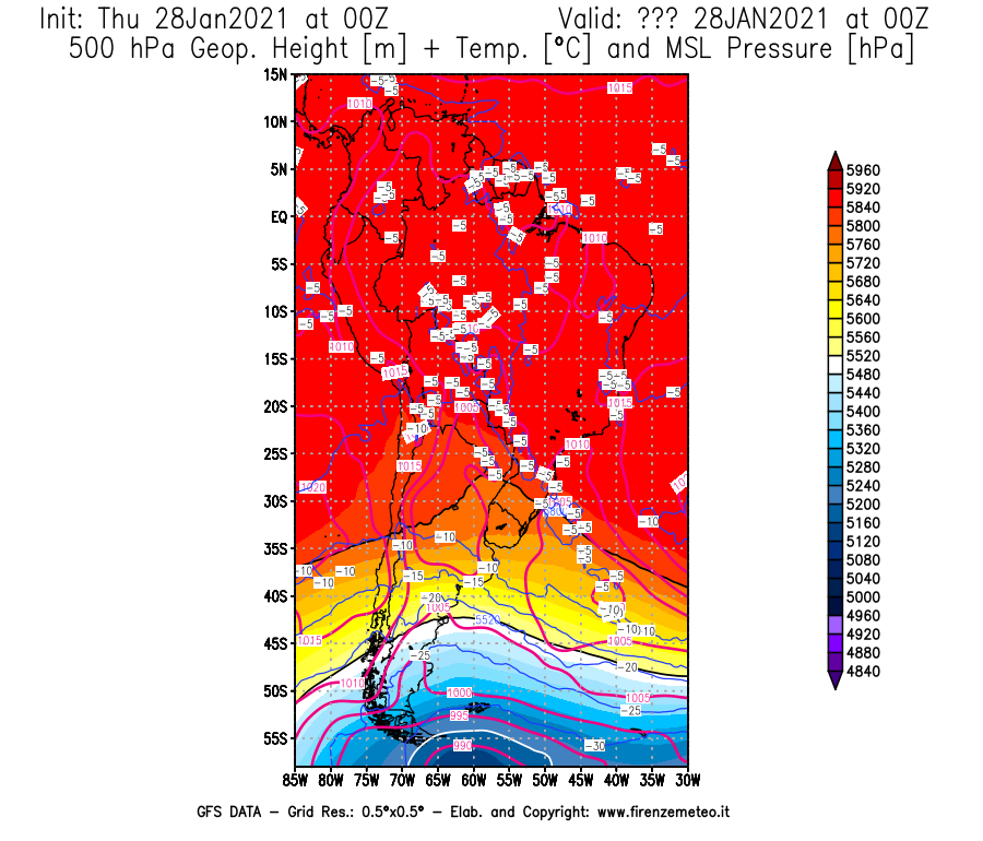 Mappa di analisi GFS - Geopotenziale [m] + Temp. [°C] a 500 hPa + Press. a livello del mare [hPa] in Sud-America
									del 28/01/2021 00 <!--googleoff: index-->UTC<!--googleon: index-->