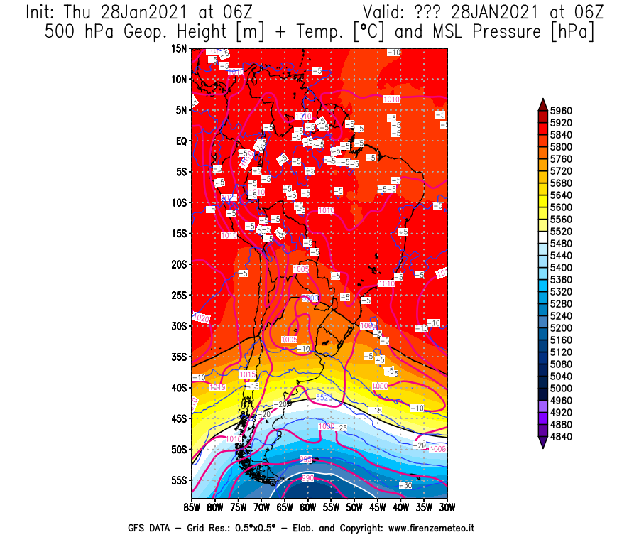 Mappa di analisi GFS - Geopotenziale [m] + Temp. [°C] a 500 hPa + Press. a livello del mare [hPa] in Sud-America
									del 28/01/2021 06 <!--googleoff: index-->UTC<!--googleon: index-->