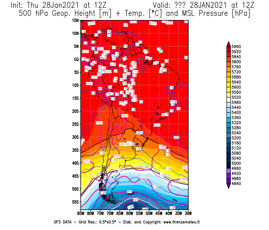 Mappa di analisi GFS - Geopotenziale [m] + Temp. [°C] a 500 hPa + Press. a livello del mare [hPa] in Sud-America
									del 28/01/2021 12 <!--googleoff: index-->UTC<!--googleon: index-->