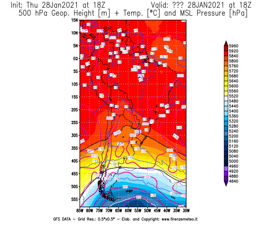 Mappa di analisi GFS - Geopotenziale [m] + Temp. [°C] a 500 hPa + Press. a livello del mare [hPa] in Sud-America
									del 28/01/2021 18 <!--googleoff: index-->UTC<!--googleon: index-->
