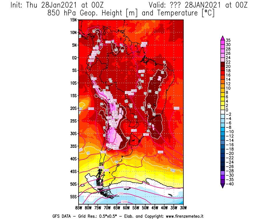 Mappa di analisi GFS - Geopotenziale [m] e Temperatura [°C] a 850 hPa in Sud-America
									del 28/01/2021 00 <!--googleoff: index-->UTC<!--googleon: index-->