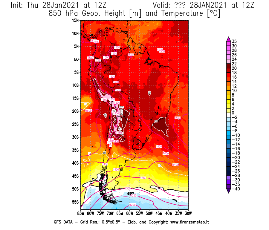 Mappa di analisi GFS - Geopotenziale [m] e Temperatura [°C] a 850 hPa in Sud-America
									del 28/01/2021 12 <!--googleoff: index-->UTC<!--googleon: index-->