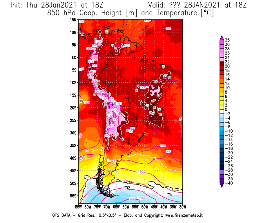 Mappa di analisi GFS - Geopotenziale [m] e Temperatura [°C] a 850 hPa in Sud-America
									del 28/01/2021 18 <!--googleoff: index-->UTC<!--googleon: index-->