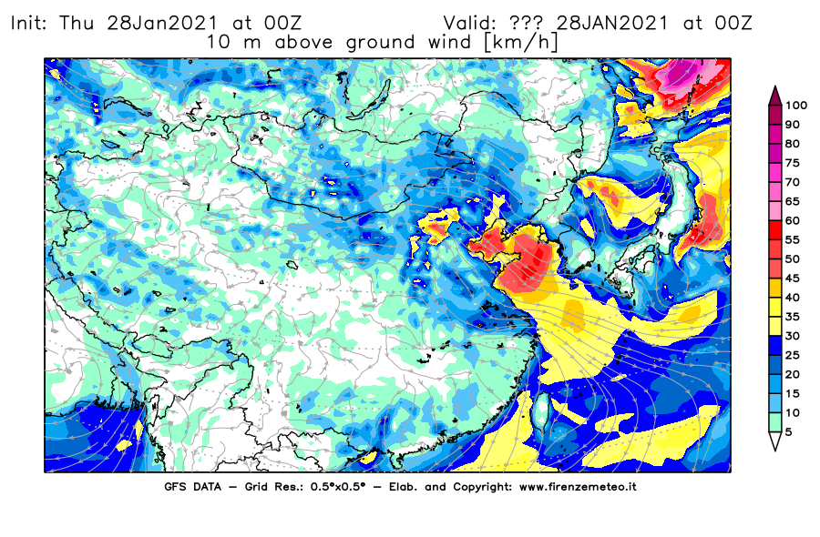 Mappa di analisi GFS - Velocità del vento a 10 metri dal suolo [km/h] in Asia Orientale
									del 28/01/2021 00 <!--googleoff: index-->UTC<!--googleon: index-->