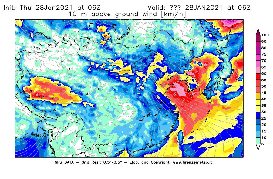 Mappa di analisi GFS - Velocità del vento a 10 metri dal suolo [km/h] in Asia Orientale
									del 28/01/2021 06 <!--googleoff: index-->UTC<!--googleon: index-->