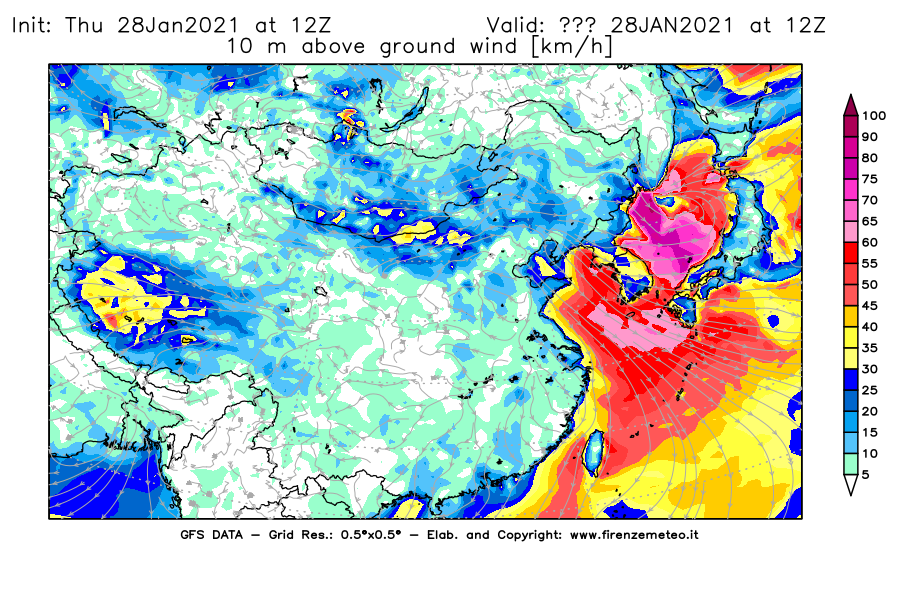 Mappa di analisi GFS - Velocità del vento a 10 metri dal suolo [km/h] in Asia Orientale
									del 28/01/2021 12 <!--googleoff: index-->UTC<!--googleon: index-->