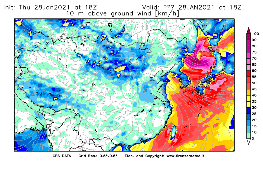 Mappa di analisi GFS - Velocità del vento a 10 metri dal suolo [km/h] in Asia Orientale
									del 28/01/2021 18 <!--googleoff: index-->UTC<!--googleon: index-->