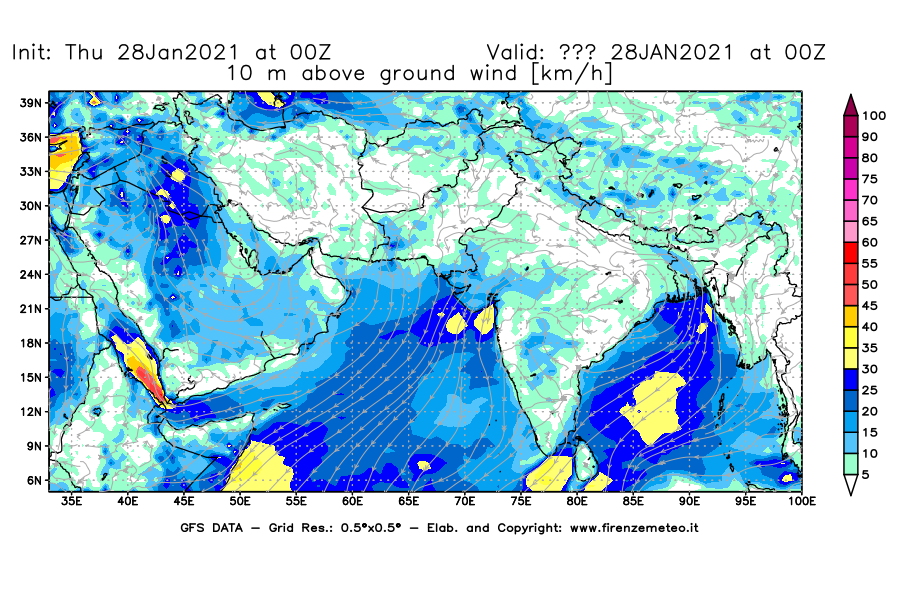 Mappa di analisi GFS - Velocità del vento a 10 metri dal suolo [km/h] in Asia Sud-Occidentale
									del 28/01/2021 00 <!--googleoff: index-->UTC<!--googleon: index-->