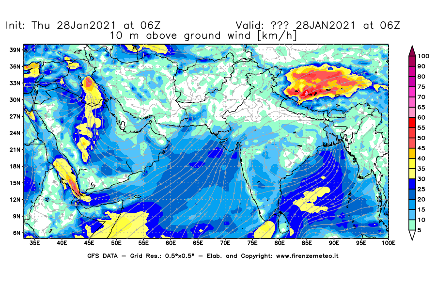 Mappa di analisi GFS - Velocità del vento a 10 metri dal suolo [km/h] in Asia Sud-Occidentale
									del 28/01/2021 06 <!--googleoff: index-->UTC<!--googleon: index-->
