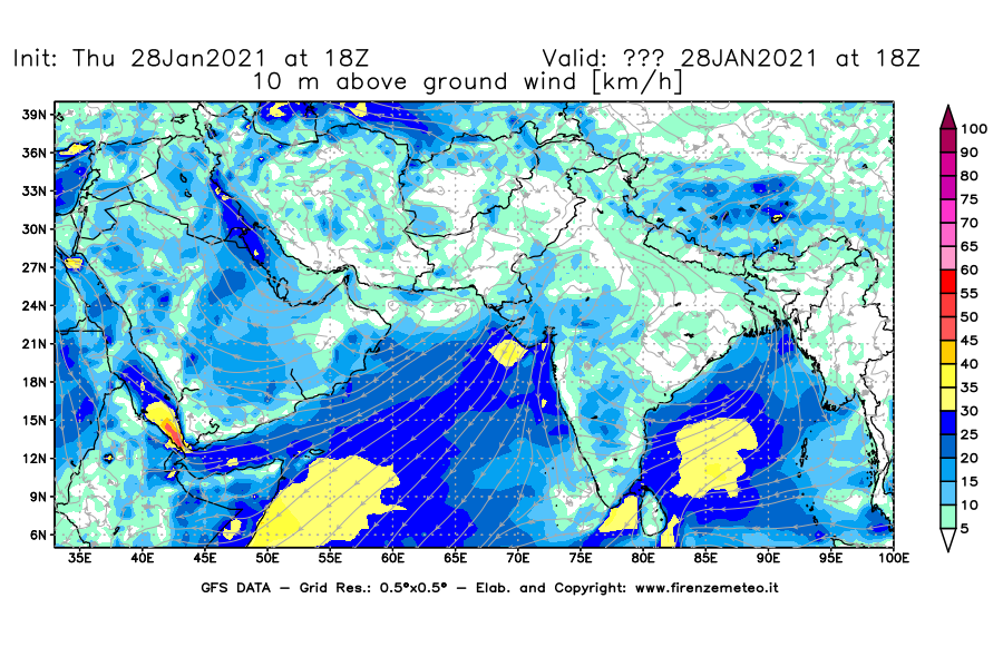 Mappa di analisi GFS - Velocità del vento a 10 metri dal suolo [km/h] in Asia Sud-Occidentale
									del 28/01/2021 18 <!--googleoff: index-->UTC<!--googleon: index-->