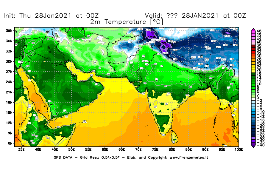 Mappa di analisi GFS - Temperatura a 2 metri dal suolo [°C] in Asia Sud-Occidentale
									del 28/01/2021 00 <!--googleoff: index-->UTC<!--googleon: index-->