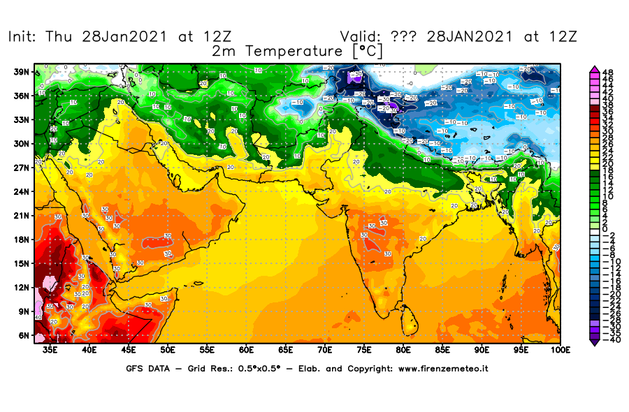 Mappa di analisi GFS - Temperatura a 2 metri dal suolo [°C] in Asia Sud-Occidentale
									del 28/01/2021 12 <!--googleoff: index-->UTC<!--googleon: index-->